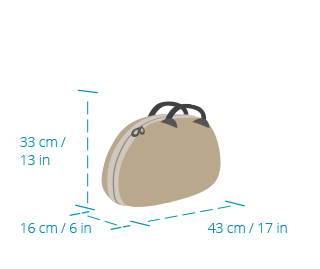 Bild einer kleinen Tasche als persönlicher Gegenstand mit den folgenden maximalen Abmessungen: 33 cm (13 Zoll) hoch, 43 cm (17 Zoll) breit, 16 cm (6 Zoll) tief