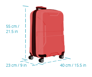 Image d’un bagage de cabine aux dimensions maximales de 55 centimètres ou 21,5 pouces de hauteur sur 40 centimètres ou 15,5 pouces de largeur sur 23 centimètres ou 9 pouces de profondeur